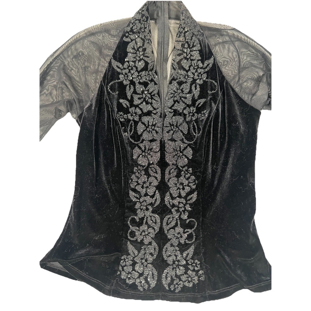 VTG JR Nites Caliendo Black Velvet Mesh Long Sleeve Top Plunging Sexy Zip Size 6